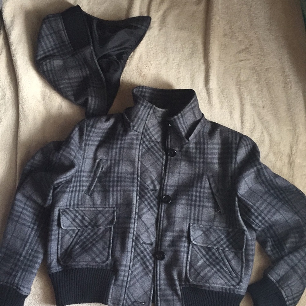 Wool bomber jacket with removable hood - like new
